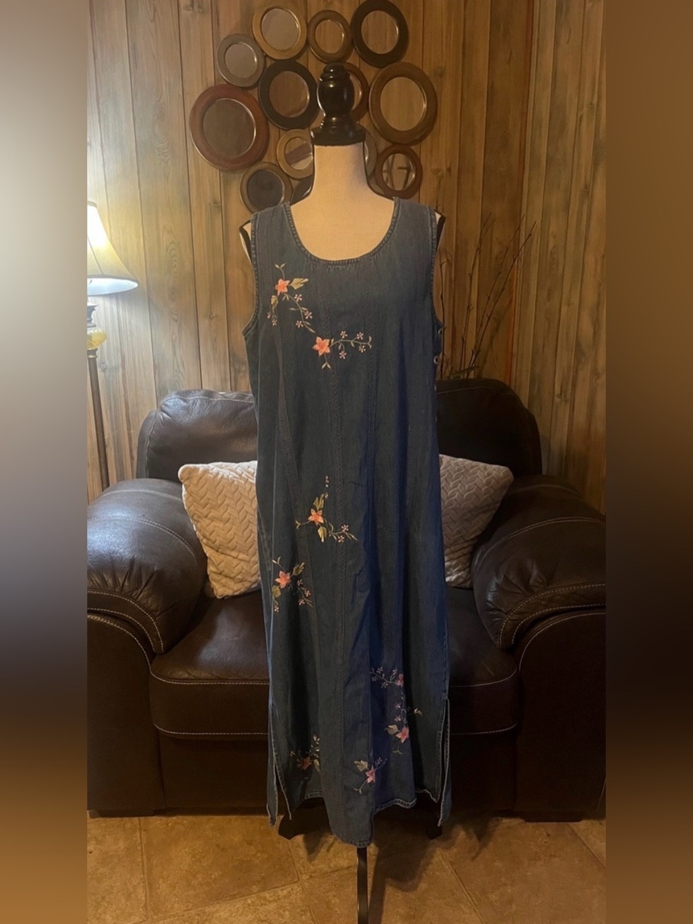 Carolina Blues 90s Sleeveless Embroidered Denim Maxi Dress Side Buttons Splits